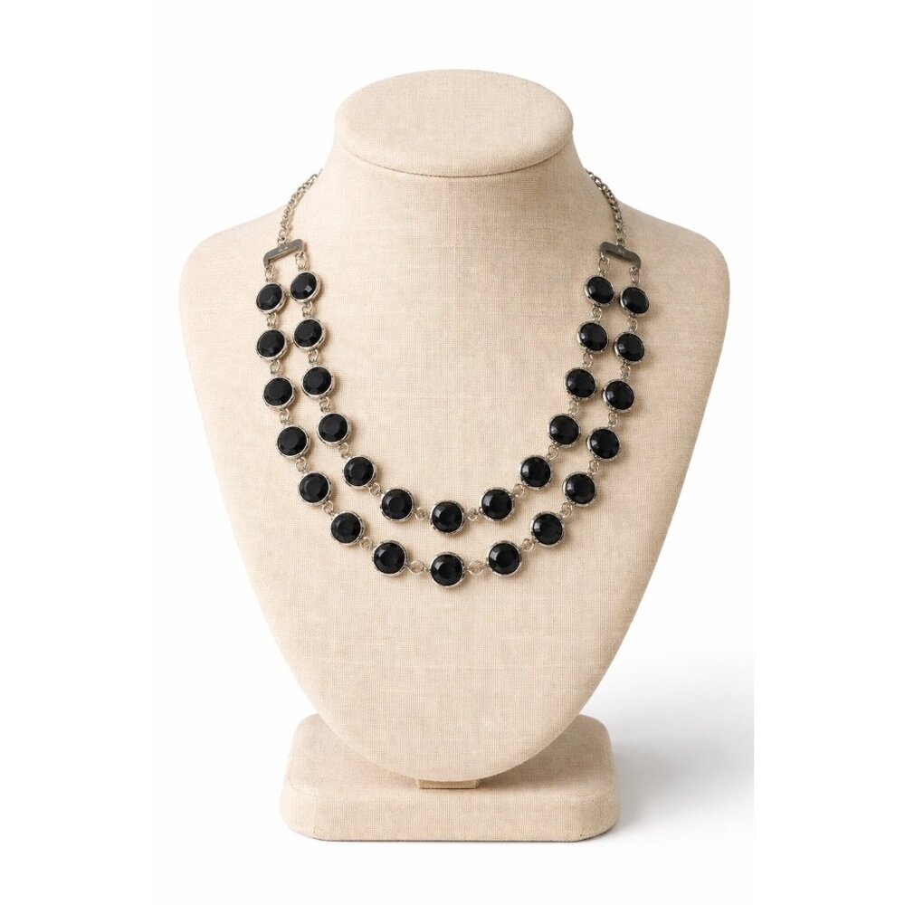 Black Faceted Statement Necklace Silver Tone Double Strand Adjustable Choker Ear